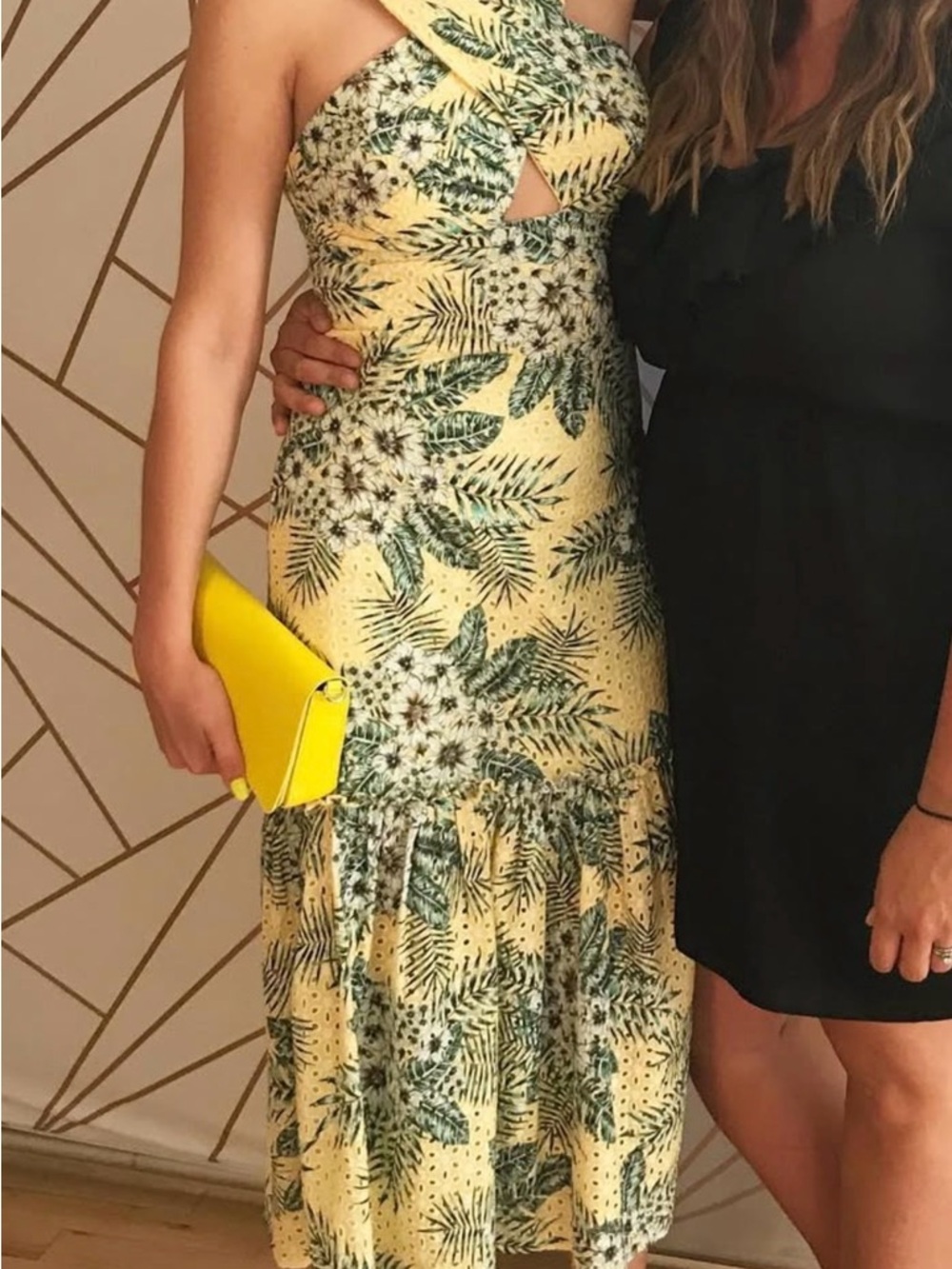 BB Dakota Yellow Tropical Leaf Print Halter Midi Dress